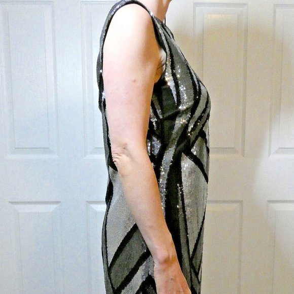 Sequin Dress Size 8 Prom Black Gray Silver Geometric Sparkles Cutout Back OOAK - Picture 3 of 11